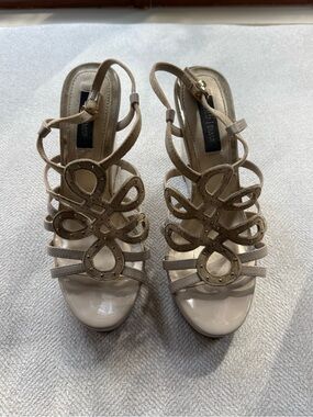 White house black market taupe embellished strappy wedges